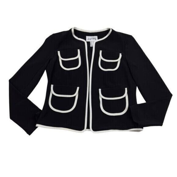 Joseph Ribkoff Jackets & Blazers - Joseph Ribkoff Black/White Piped Front Pocket Open Front Jacket Women's Size 6